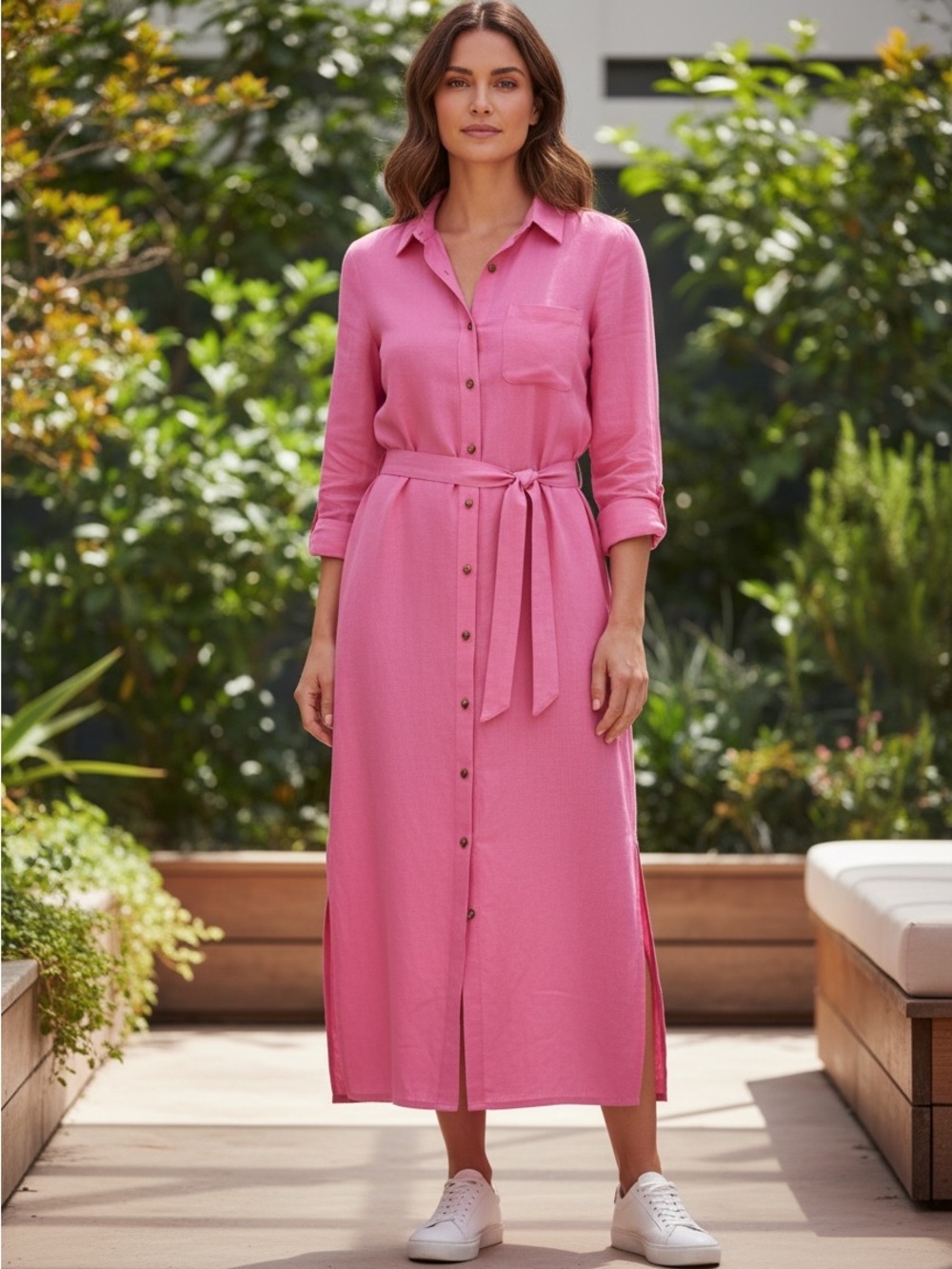 LOFT Linen Blend Maxi Pocket Button Down Shirtdress Pink Women Sz 6